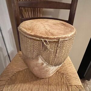 Vintage African Tribal Animal Hide Drum with Hide, fur, rope and wood design